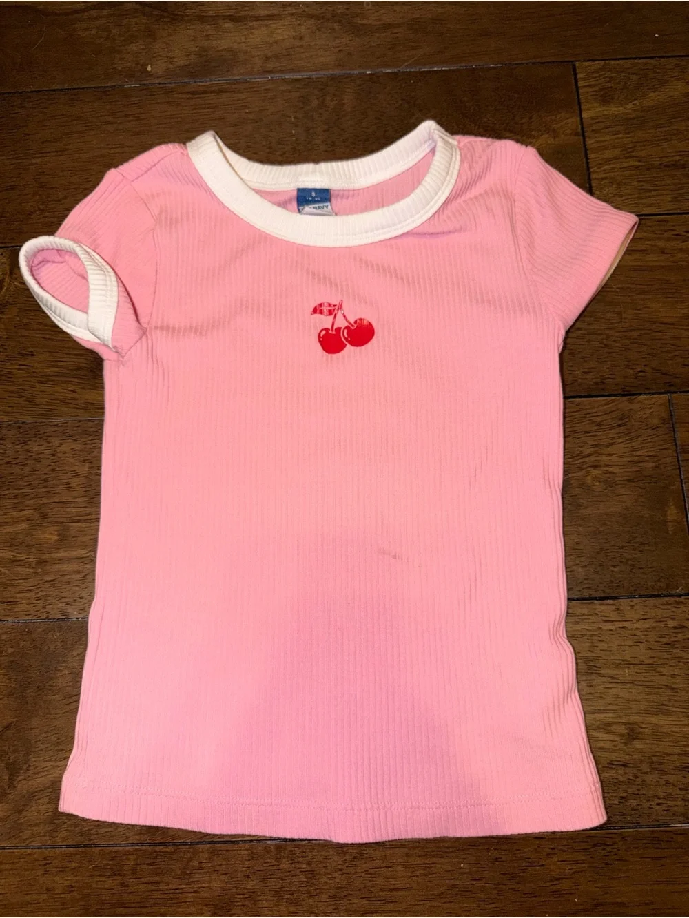 Girls Pink Ribbed Tee with Cherry Motif -  Kids Shirt